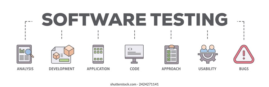 Software testing web banner icon vector illustration concept consists of bugs, code, usability, approach, application, development, analysis icon live stroke and easy to edit