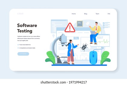 Software testing web banner or landing page. Application or website code test process. IT specialist searching for bugs. Idea of computer technology. Digital analysis. Vector flat illustration