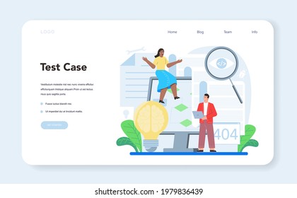 Software testing web banner or landing page. Application or website code test process. IT specialist searching for bugs. Idea of computer technology. Digital analysis. Vector flat illustration