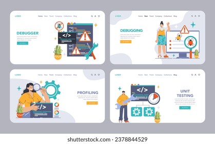 Software testing web banner or landing page set. Code testing and debugging. IT specialist searching for bugs using functional methods. Website and application development. Flat vector illustration