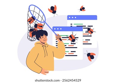 Software testing web concept with flat cartoon people for website design. Woman with catch net looking program bugs, finding errors in program, debugging code, fixing mistakes. Vector illustration.