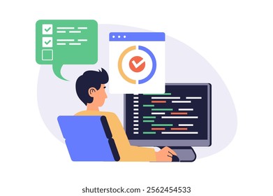 Software testing web concept with flat cartoon people for website design. Man works as tester, making code analysis, finding bugs and errors in program, fixing and debugging code. Vector illustration.