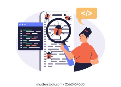 Software testing web concept with flat cartoon people for website design. Woman with magnifier looking for software error, finding bugs in program code, fixing and debugging code. Vector illustration.