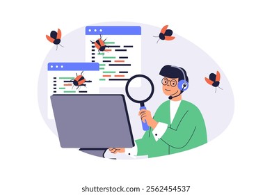 Software testing web concept with flat cartoon people for website design. Man with magnifier looking bugs and errors, finding mistakes in program code, fixing and debugging code. Vector illustration.