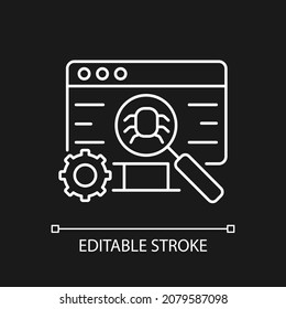Software testing white linear icon for dark theme. Improving performance. Preventing bugs. Thin line customizable illustration. Isolated vector contour symbol for night mode. Editable stroke