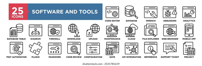 Conjunto de coleta de ícones de Software e Ferramentas. Contendo tecnologia de design, design, computador, digital, aplicativo, desenvolvedor