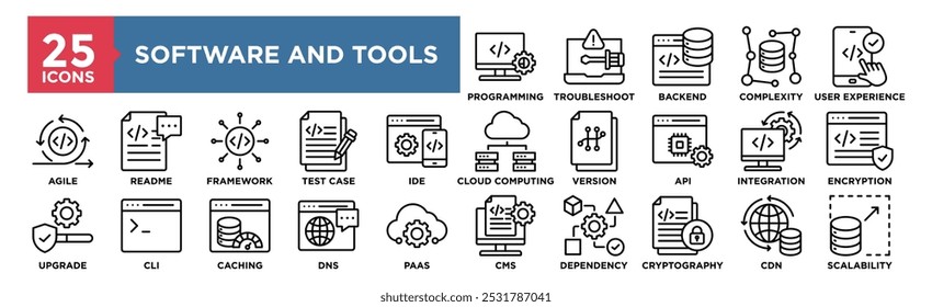 Conjunto de coleta de ícones de Software e Ferramentas. Contendo tecnologia de design, design, computador, digital, aplicativo, desenvolvedor