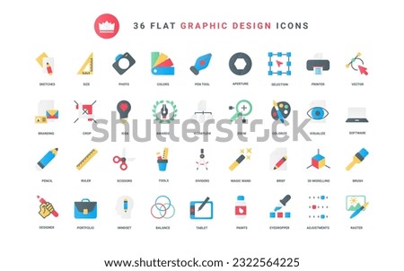Software and tools to visualize designers portfolio and creative ideas and projects, ruler and magic brush, scissors crop size and pen. Graphic design trendy flat icons set vector illustration