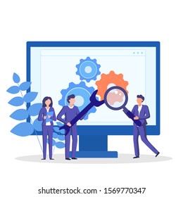 Software troubleshooting. Team workin on search and fixing technical problems. Vector concept illustration.