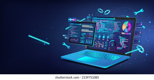 Software with UI design and development for different devices. Programming code on 3D laptop and 3D tablet. Software development and programming concept. App, testing platform, coding process. Vector