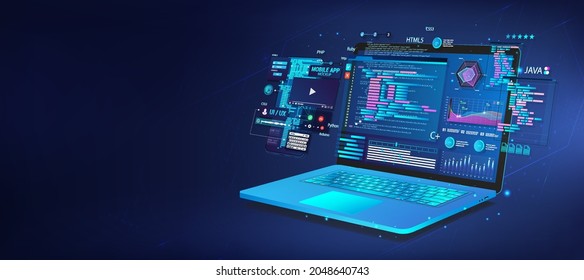 Software, interfaz de usuario y desarrollo para diferentes dispositivos.  Laptop y smartphone con aplicación de codificación. Business App Dashboard con datos analíticos, plataforma de pruebas, proceso de codificación. Software de banner web de vectores