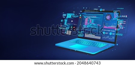 Software, UI and development for different devices.  Laptop and smartphone with coding app. Business App Dashboard with analytics data, testing platform, coding process. Vector web banner Software