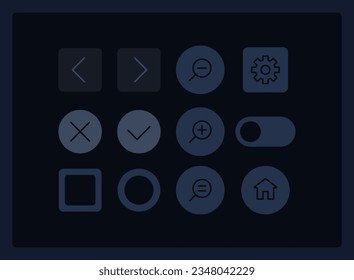 Software UI elements kit. User interaction isolated vector components. Flat navigation menus and interface buttons template. Dark theme web design widget collection for mobile application