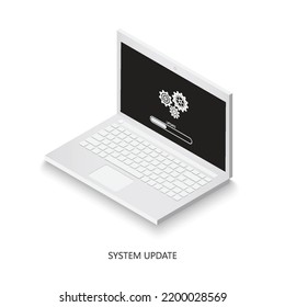 Software update on laptop icon. Laptop with loading sign on the screen. Isometric laptop. System upgrade for your web site design, logo, app, UI. 