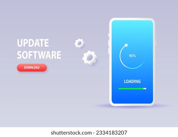 Software-Update auf Smartphone-Bildschirm. Herunterladen und Aktualisieren der mobilen Anwendung. Vektorgrafik 3D.