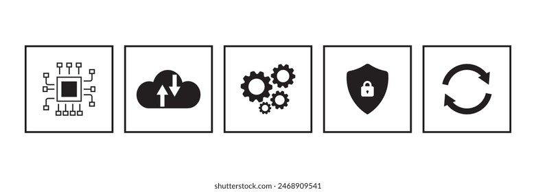 Actualizar de software o símbolo del sistema operativo, Mejorar para mantener su dispositivo actualizado con funcionalidad mejorada en nuevas versiones y Ilustración vectorial de seguridad mejorada,