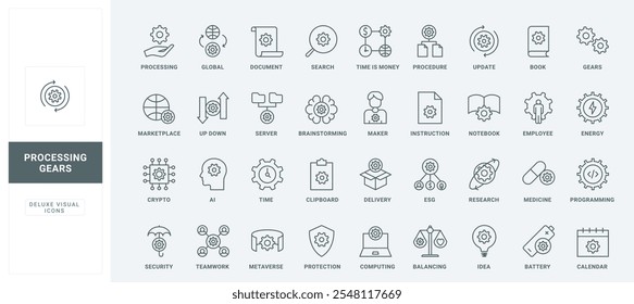 Actualizar y programador de software, tormenta de ideas de IA, seguridad y protección de ideas y tiempo, instrucciones de empleados delgadas Ilustración vectorial de símbolos de contorno negro. Engranajes en conjunto de iconos de línea.