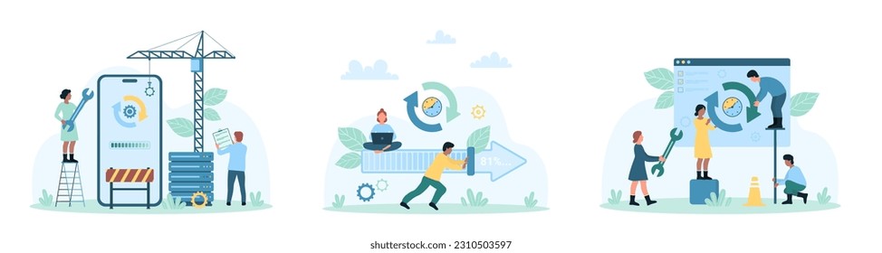 Software update set vector illustration. Cartoon tiny people upgrade mobile app and digital product, push progress status bar and recycle arrows, fix and change operation gears to load new version