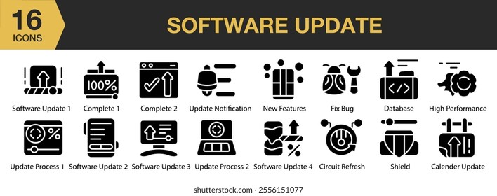 Software Update solid icon set. Includes notification, new features, fix bug, database, shield, high performance, and More. Solid icons vector collection.