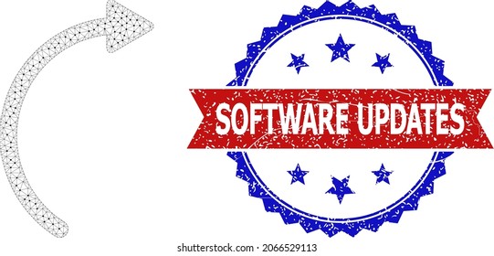 Software Updates corroded watermark, and rotate right icon triangular model. Red and blue bicolored stamp has Software Updates caption inside ribbon and rosette. Abstract flat mesh rotate right,