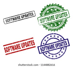 SOFTWARE UPDATES seal prints with distress style. Black, green,red,blue vector rubber prints of SOFTWARE UPDATES label with corroded style. Rubber seals with round, rectangle, rosette shapes.