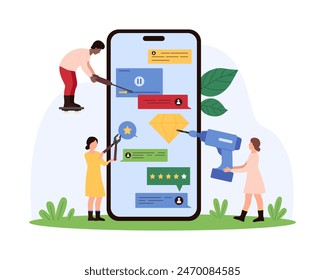 Software upgrade process, mobile application development and improvement. Tiny people with maintenance service tools upgrade system, repair and change version of app cartoon vector illustration