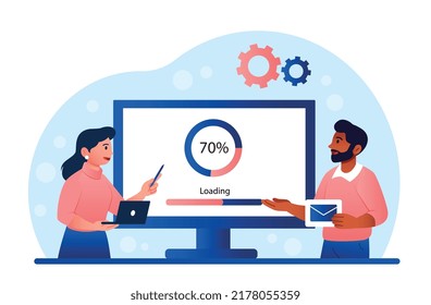 Concepto de actualización de software. Hombre y mujer cerca de la pantalla esperando a que termine la descarga. Tecnologías modernas y mundo digital, programas y aplicaciones informáticas. Dibujo vectorial plano de dibujos animados