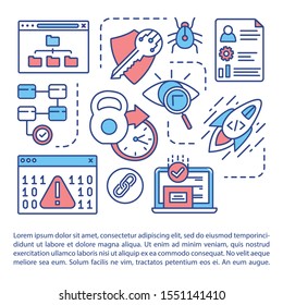 Software usability testing article page vector template. Cyber security. Coding. Bug fixes. Brochure, magazine, booklet design element with linear icons. Print design. Concept illustrations with text