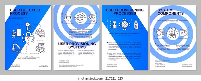 Software para plantilla de folleto azul de aprovisionamiento de usuarios. Instalación. Diseño del prospecto con iconos lineales. Editable 4 diseños vectoriales para presentación, informes anuales. Fuentes ariales, infinitas Pro-regulares usadas