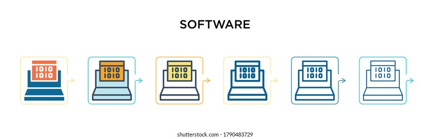 Software vector icon in 6 different modern styles. Black, two colored software icons designed in filled, outline, line and stroke style. Vector illustration can be used for web, mobile, ui