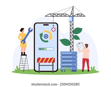 Software version and system, mobile app update online. Tiny people of professional maintenance service upload and control upgrade report, circle arrows on smartphone screen cartoon vector illustration