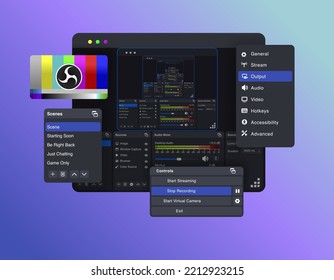 Software for video recording and live streaming with separate windows. Screen capture. Vector illustration.