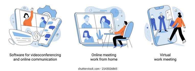 Software For Videoconferencing And Online Communication, Online Meeting Work From Home, Virtual Work Meeting Set. People Having Conference Call With Business Team, Telecommuting, Remote Communicating