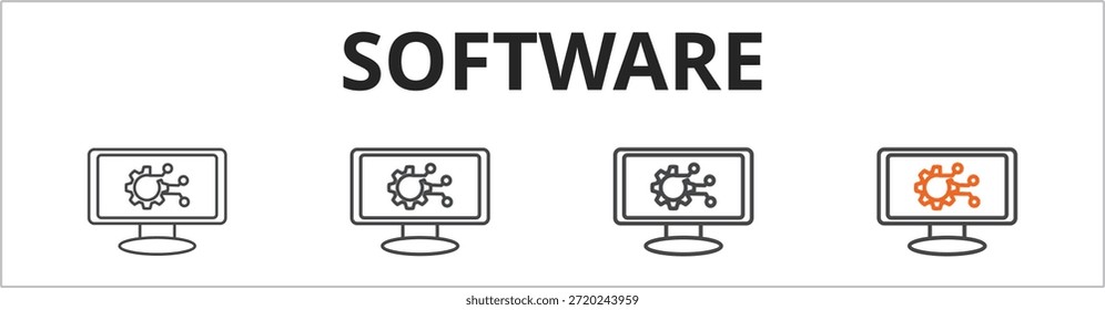 Concepto de Ilustraciones vectoriales multiestilo de esquema de conjunto de iconos de Anuncio de Web de software