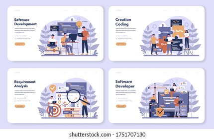 Software web banner or landing page set. Idea of programming and coding, system development. Digital technology. Software developing company writing code. Isolated vector illustration