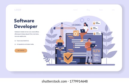 Banner web de software o página de inicio. Idea de programación y codificación, desarrollo de sistemas. Tecnología digital. Software que desarrolla código de escritura de la empresa. Ilustración vectorial aislada