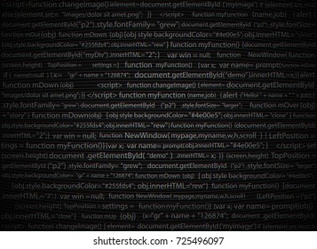 Software web design analog moire glitch dark background. Site developer javascript programming code. Abstract computer webpage script. Random parts of program code. Vector database illustration
