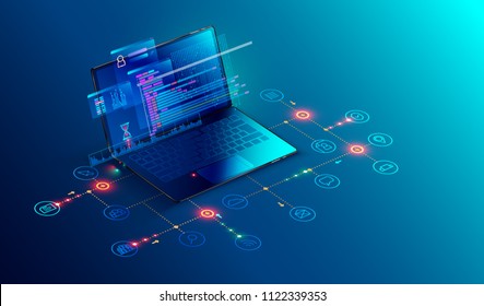 Software, web development, programming concept. Abstract Programming language and program code on screen laptop. Laptop and icons company network . Technology process of Software development 





 - Shutterstock ID 1122339353