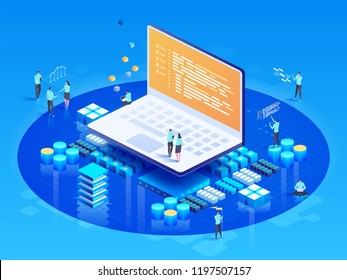 Software, web development, programming concept. People interacting with laptop,  charts and analyzing statistics. Technology process of Software development. Vector isometric illustration