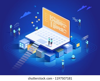 Software, web development, programming concept. People interacting with laptop,  charts and analyzing statistics. Technology process of Software development. Vector isometric illustration