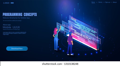 Software, web development, programming concept. People work in a team and program code. Technology concept. Programming web banner. Best programming languages. Vector