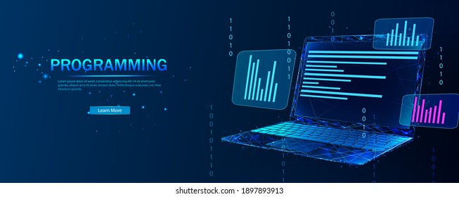 Software, web development, programming concept. Abstract programming language and program code on the laptop screen. Technological process of software development. Software development.