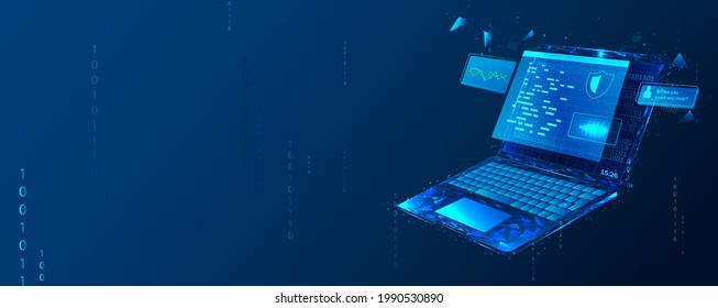 Software, web development, programming concept. Abstract programming language and program code on a laptop screen. Web development, coding, and programming. Polygonal style.