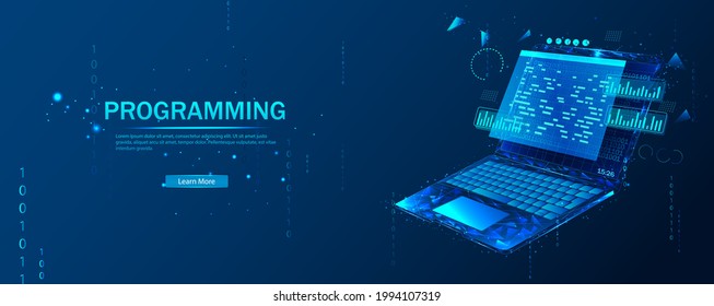 Software, web development, programming concept. Abstract programming language and program code on a laptop screen. Web development, coding, and programming. Polygonal style. - Shutterstock ID 1994107319