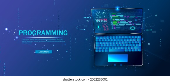 Software, web development, programming concept. Abstract programming language and program code on a laptop screen. Web development, coding, and programming. Vector illustration