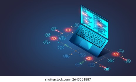 Software, web development, programming concept. Abstract Programming language and program code on screen laptop. Laptop and icons of programming process. Technology process of Software development.