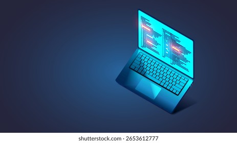 Software, desenvolvimento web, conceito de programação. Linguagem de programação abstrata e código do programa no laptop da tela em isométrica. Laptop em pé para programação, codificação, desenvolvimento de software no escuro.
