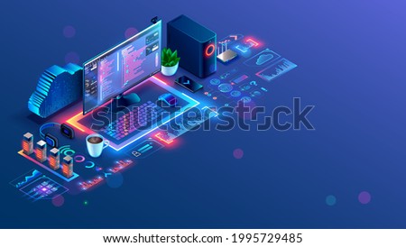 Software, web development, programming concept. API Program code in Development environment on screen PC. Desk or workplace of programmer. Online Coding workshop. Text of program on display computer.