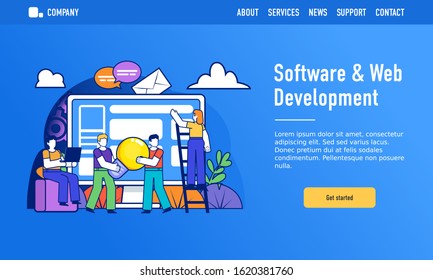 Software and web development studio concept. Small people create application or website and stand near big screen. Modern design vector illustration. Web landing page template