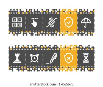 Software web icons on grey and orange dots bar. Vector file has layers, all icons in two versions are included.